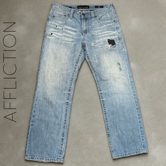 AFFLICTION Black Premium Blue Jeans Grant Loose Fit Distressed Light Wash Denim - Picture 1 of 6
